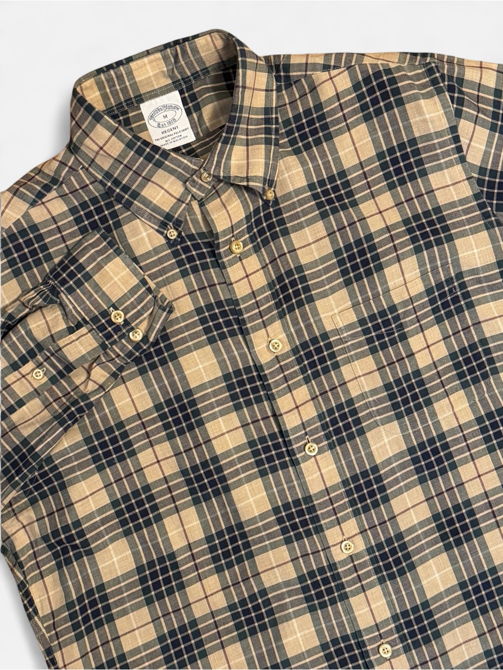 Brooks Brothers Medium Navy Tan Plaid Regent Long Sleeve Button Down Shirt